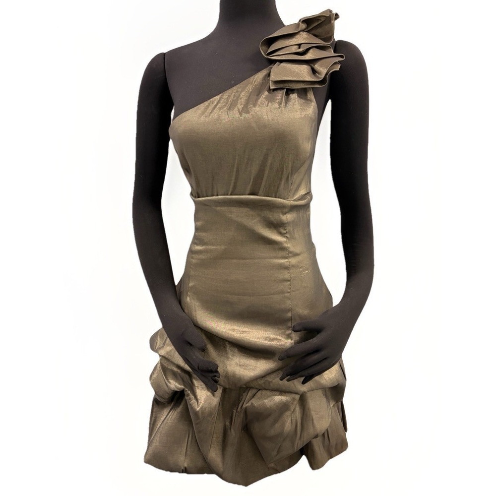 Jessica McClintock Cocktail Dress 8 Mini Satin Silver Gold Bubble Hem Party VTG - Picture 3 of 12